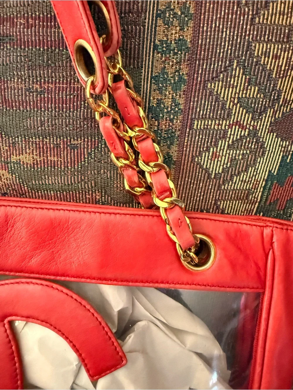 CHANEL VINTAGE RARE 90s Red Clear Vinyl Tote WITH Attached Inner Bag. - Picture 3 of 15